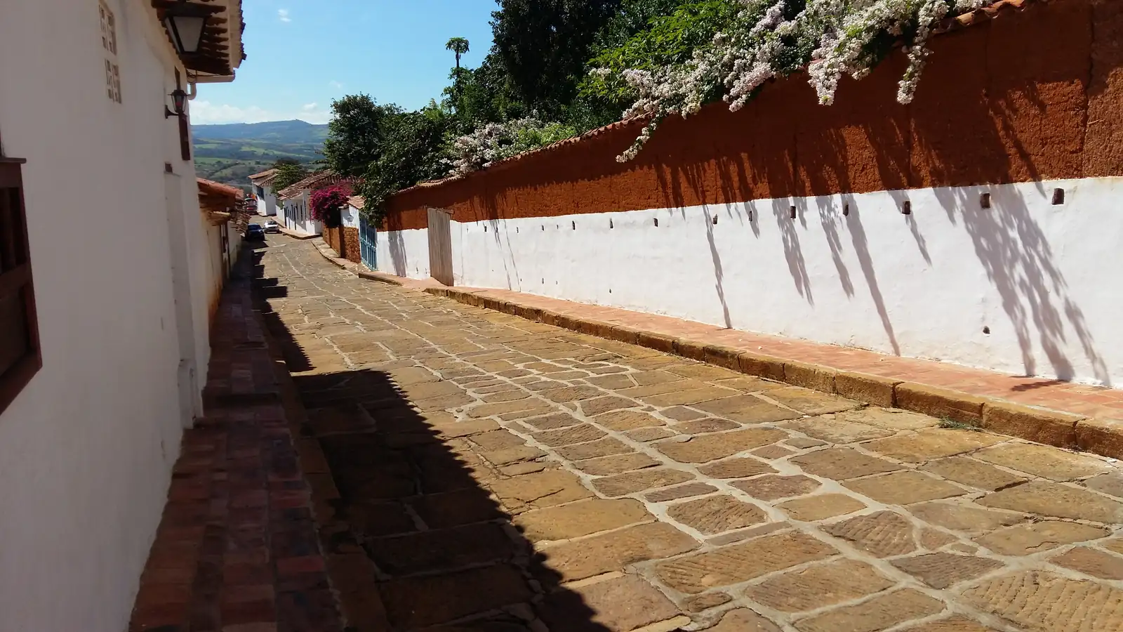 Calle empedrada de lajas entre una casa blanca y un muro largo, encalado abajo y color tierra arriba, con flores blancas que cuelgan sobre él