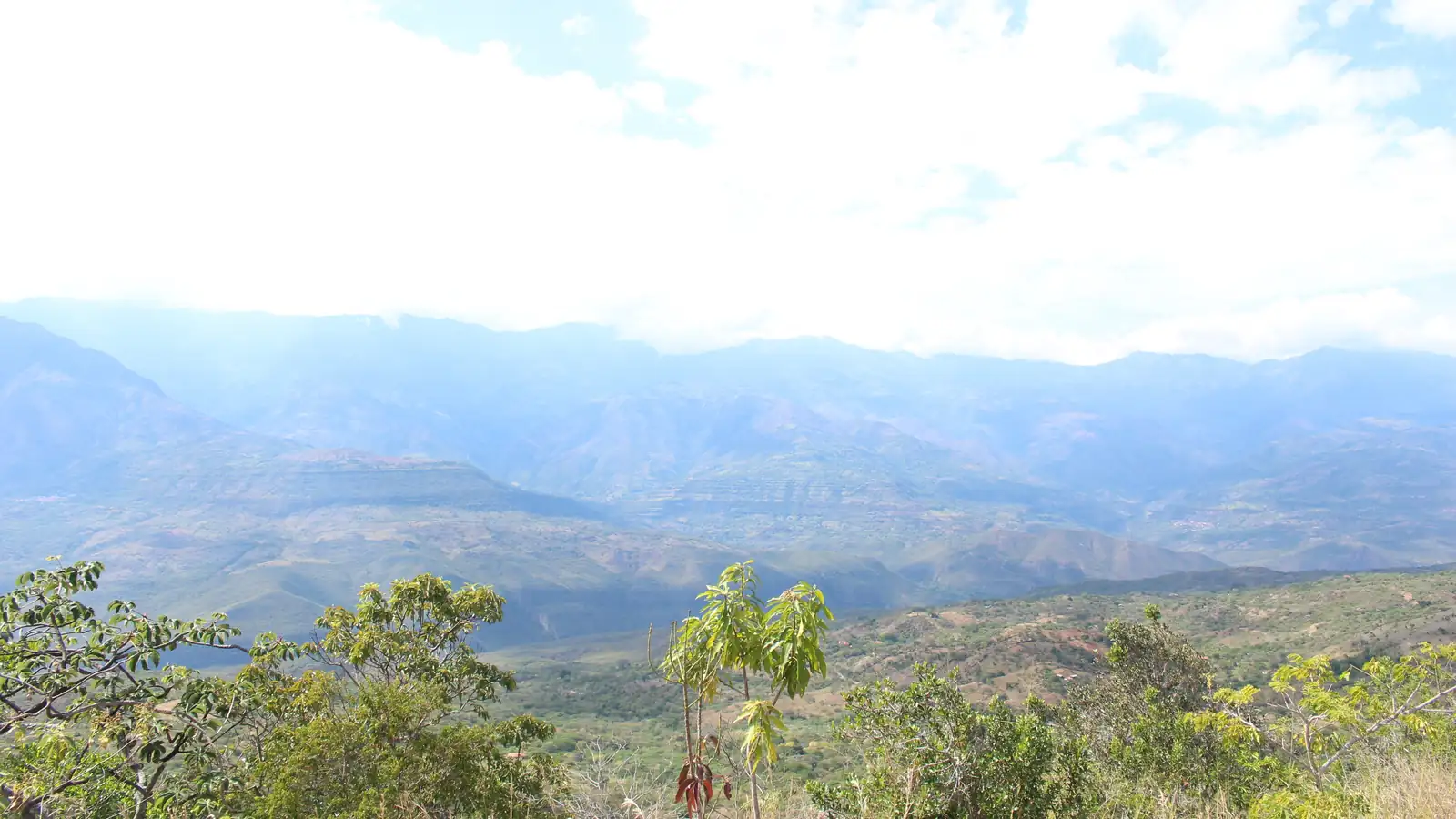 El valle del río Suárez y la serranía al fondo bajo nubes blancas, con árboles y monte bajo en primer plano, visto desde el municipio de Barichara